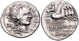 RÖMISCHE REPUBLIK, Q. Curtius, 116-115 v.Chr., AR Denar, 116/115 v.Chr., Rom. Behelmter Romakopf r., dahinter X, davor Q CVRT. Rs.Jupiter in galoppier...