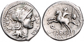 RÖMISCHE REPUBLIK, M. Sergius Silus, 116-115 v.Chr., AR Denar, 116/115 v.Chr., Rom. Behelmter Romakopf r, davor EX.S.C, dahinter ROMA und *. Rs.Reiter...