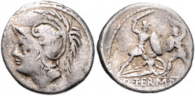RÖMISCHE REPUBLIK, Q. Thermus M.f., 103 v.Chr., AR Denar. Kopf des Mars l. Rs.Soldat kämpft gegen Ligurier, unten Gefallener. 3,93g.
f.ss/ss
Alb.112...