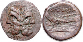 RÖMISCHE REPUBLIK, C. Gargonius, M. Vergilius und Ogulnius, 86 v.Chr., AE As. Januskopf, oben I. Rs.Prora l., OGVL VER GAR. 14,46g.
ss
Alb.1224; Cra...