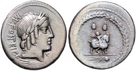 RÖMISCHE REPUBLIK, Mn. Fonteius C.f., 85 v.Chr., AR Denar. Belorb. Apollonkopf r., darunter Blitz, MN FONTEI CF. Rs.Cupido auf Ziegenbock im Kranz. 3,...