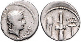 RÖMISCHE REPUBLIK, C. Norbanus, 83 v.Chr., AR Denar. Diad. Kopf der Venus. Rs.Kornähre, Rutenbündel und Caduceus. 3,95g.
f.ss
Alb.1243; Seaby Norban...