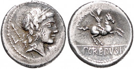RÖMISCHE REPUBLIK, Pub. Crepusius, 82 v.Chr., AR Denar. Kopf des Apollo, dahinter Zepter, unter Kinn Symbol. Rs.Reiter mit Speer. 3,80g.
etw.Hornsilb...