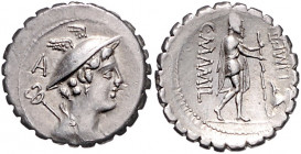 RÖMISCHE REPUBLIK, C. Mamilius Limetanus, 82 v.Chr., AR Denar. Büste des Merkur r., dahinter Caduceus, dar. A. Rs.Odysseus mit Wanderstab r., davor Hu...