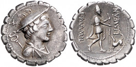 RÖMISCHE REPUBLIK, C. Mamilius Limetanus, 82 v.Chr., AR Denar. Büste des Merkur r., dahinter Caduceus, dar. M. Rs.Odysseus mit Wanderstab r., davor Hu...