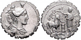 RÖMISCHE REPUBLIK, A. Postumius A.f.Sp.n. Albinus, 81 v.Chr., AR Denar, Rom. Büste der Diana mit Bogen und Köcher, oben Stierkopf. Rs.Togatus steht au...