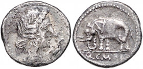 RÖMISCHE REPUBLIK, Q. Caecilius Metellus Pius Imperator, 81 v.Chr., AR Denar. Diad. Kopf der Pietas r., davor Storch. Rs.Elefant l. stehend. 3,73g.
f...