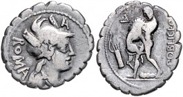 RÖMISCHE REPUBLIK, C. Poblicius Q.f., 80 v.Chr., AR Denar. Kopf der Roma mit Federn am Helm. Rs.Hercules würgt Nemäischen Löwen, davor Bogen im Köcher...
