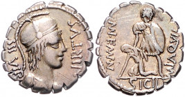 RÖMISCHE REPUBLIK, Mn. Aquillius Mn.f.Mn.n., 71 v.Chr., AR Denar (Serratus), Rom. Behelmte Büste des Virtus r., VIRTVS III VIR. Rs.Konsul stützt Sicil...
