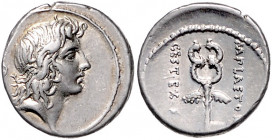 RÖMISCHE REPUBLIK, M. Plaetorius M.f.Cestianus, 69 v.Chr., AR Denar. Kopf des Bonus Eventus r. Rs.Geflügelter Caduceus, M PLAETOR[I] CEST EX SC. 4,15g...