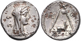 RÖMISCHE REPUBLIK, P. Galba, 69 v.Chr., AR Denar, subaerat. Verschleierte Büste der Vesta r., dahinter SC. Rs.Opfergerät, AE-CVR, unten P GALB. 3,22g....