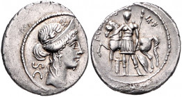 RÖMISCHE REPUBLIK, P. Licinius Crassus M.f., 55 v.Chr., AR Denar. Diad. Büste der Venus. Rs.Weibliche Figur mit Speer vor Pferd, P CRASSVS MF. 4,13g....