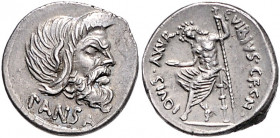 RÖMISCHE REPUBLIK, C. Vibius C.f.C.n. Pansa Caetronianus, 48 v.Chr., AR Denar. Bärtige Panmaske. Rs.Jupiter mit Schale und Zepter sitzend. 3,95g.
Pra...