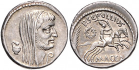 RÖMISCHE REPUBLIK, P. Sepullius Macer, 44 v.Chr., AR Denar, Rom. Verschleierter, bärtiger Kopf des Marc Anton r., l. Opferkanne, r. Lituus. Rs.Desulto...