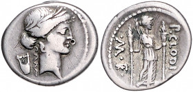 RÖMISCHE REPUBLIK, P. Clodius M.f. Turrinus, 42 v.Chr., AR Denar, Rom. Behelmter Apollokopf r., dahinter Lyra. Rs.Diana r. stehend, hält 2 Langfackeln...