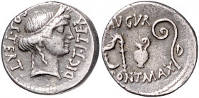 RÖMISCHE REPUBLIK, Julius Caesar, 59-44 v.Chr., AR Denar, Rom. Cereskopf mit Ährenkranz r. Rs.Priestergerät. AVGVR PONTMAX D. 3,12g.
schöne dunkle Pa...