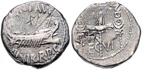 RÖMISCHE REPUBLIK, Marc Anton, 49-30 v.Chr., AR Denar (32-31 v.Chr.). Galeere. Rs.Legionsadler zwischen Standarten, darunter LEG III. 3,33g.
Vs.kl.Kr...