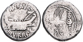 RÖMISCHE REPUBLIK, Marc Anton, 49-30 v.Chr., AR Denar (32-31 v.Chr.), Heeresmzst. in Aegypten. Galeere, ANT AVG, III VIR RPC. Rs.Legionsadler zwischen...