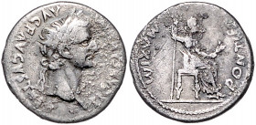 RÖMISCHES REICH, Tiberius, 14-37, AR Denar, Lugdunum. Belorb. Kopf r. Rs.PONTIF MAXIM. Livia sitzt r. mit Zepter und Olivenzweig. 3,48g.
ss
RIC 30; ...