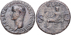 RÖMISCHES REICH, Caligula, 37-41, AE As, Rom. Bloße Büste l. Rs.Vesta sitzt l. zwischen SC, darüber VESTA. 10,67g.
ss+
RIC 38; Kampm.11.9
