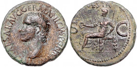 RÖMISCHES REICH, Caligula, 37-41, AE As, Rom. Bloße Büste l. Rs.Vesta sitzt l. zwischen SC, darüber VESTA. 10,55g.
schöne dunkle Patina, ss
RIC 30; ...