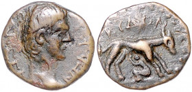 RÖMISCHES REICH, Nero, 54-68, AE 18, Kreta, Stadt Kydonia. Kopf r. Rs.Hund säugt den Knaben Kydon. 4,34g.
selten, ss
Sear 557