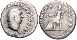 RÖMISCHES REICH, Vitellius, 69, AR Denar, Rom. Kopf r. Rs.Concordia mit Patera und Füllhorn l. sitzend. 2,91g.
ss
RIC 66; Kampm.19.20