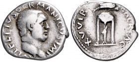 RÖMISCHES REICH, Vitellius, 69, AR Denar, Rom. Belorb. Kopf r. Rs.Dreifuß mit Rabe, darüber Delfin. 3,04g.
f.ss
RIC R24; Seaby 115