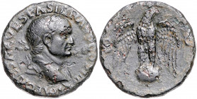 RÖMISCHES REICH, Vespasian, 69-79, AE As, Lugdunum. Belorb. Büste r. Rs.Adler auf Globus, zwischen SC. 12,02g.
selten, ss+
RIC 1202