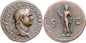RÖMISCHES REICH, Titus als Caesar, 69-79, AE As COS VI =77-78, Rom. Belorb. Büste r., T CAES IMP AVG F TRP COS VI CENSOR. Rs.Spes l. stehend, S-C. 10,...
