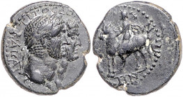 RÖMISCHES REICH, Titus als Caesar, 69-79, AE 19, Lydien, Stadt Mostene. Büsten v. Titus und Domitian r., TITOC DOM[ITIANOC] KAICAP. Rs.Reiter l. [MOST...