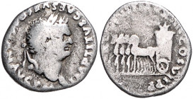 RÖMISCHES REICH, Titus, 79-81, AR Denar (79), Rom. Belorb. Büste r., IMP TITVS CAES VESPASIAN AVG PM. Rs.Quadriga l., darin Kornähren, [TRP VIIII] IMP...