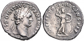 RÖMISCHES REICH, Domitian, 81-96, AR Denar COS XIIII =88-89, Rom. Belorb. Büste r., [IMP] CAES DOMIT AVG GERM PM TRP VIII. Rs.Minerva mit Speer r. sch...