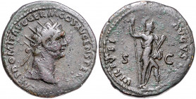 RÖMISCHES REICH, Domitian, 81-96, AE Dupondius COS XV =90-91, Rom. Büste mit Strahlenkrone r., IMP CAES DOMIT AVG GERM COS XV CENS PER [PP]. Rs.Virtus...