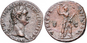 RÖMISCHES REICH, Domitian, 81-96, AE As COS XV =90-91, Rom. Belorb. Büste r., IMP CAES DOMIT AVG GERM COS XV CENS PER PP. Rs.Virtus r. stehend, VIRTVT...