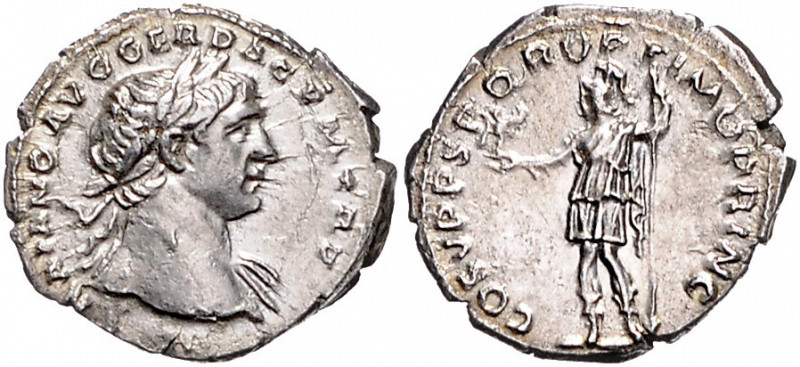 RÖMISCHES REICH, Trajan, 98-117, AR Denar, Rom. Belorb. Büste r. Rs.Roma steht l...