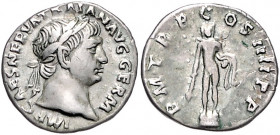 RÖMISCHES REICH, Trajan, 98-117, AR Denar COS IIII (101-102), Rom. Belorb. Büste r. Rs.Herkules auf Podest mit Keule und Löwenfell. 3,21g.
ss
RIC 49...