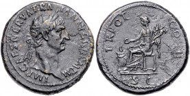RÖMISCHES REICH, Trajan, 98-117, AE Sesterz (98-99), Rom. Belorb. Büste r. Rs.TR POT COS II. Concordia sitzt l. über SC. 28,54g.
ss+
RIC 388; Kamp.2...