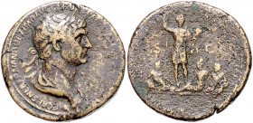 RÖMISCHES REICH, Trajan, 98-117, AE Sesterz, Rom. Belorb. Büste r. Rs.Kaiser steht r. mit Lanze und Parazonium, zu seinen Füßen Armenia und Flussgötte...