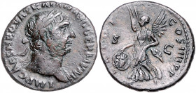 RÖMISCHES REICH, Trajan, 98-117, AE As COS III =99-100, Rom. Belorb. Kopf r., IMP CAES NERVA TRAIAN AVG GERM PM. Rs.Victoria mit Schild l. gehend, SPQ...