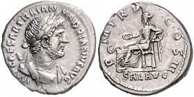 RÖMISCHES REICH, Hadrian, 117-138, AR Denar COS III (119-122), Rom. Belorb. Büste r. Rs.Salus sitzend opfert mit Patera über Altar mit Schlange. 3,15g...