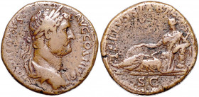 RÖMISCHES REICH, Hadrian, 117-138, AE Sesterz, Rom. Belorb. Büste r. Rs.Tellus lagert l. auf Korb gestützt, darunter SC. 23,84g.
braune Patina, ss
R...