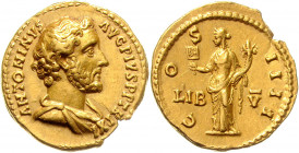 RÖMISCHES REICH, Antoninus Pius, 138-161, AV Aureus (147-148), Rom. Drap. Büste r., ANTONINVS AVG PIVS PP TRP XI. Rs.Liberalitas l. stehend, COS IIII ...