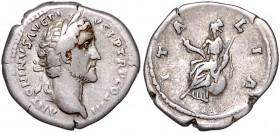 RÖMISCHES REICH, Antoninus Pius, 138-161, AR Denar, Rom. Belorb. Büste r. Rs.Italia sitzt l. auf Globus. 3,35g.
selten, ss
RIC 73; Coh.463