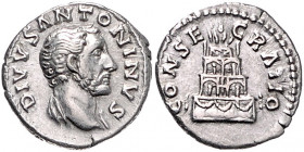 RÖMISCHES REICH, Antoninus Pius, 138-161, AR Konsekrationsdenar unter Marc Aurel, Rom. Kopf r. Rs.Scheiterhaufen in 4 Etagen, oben Quadriga. 3,41g.
s...