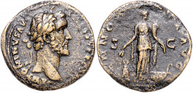 RÖMISCHES REICH, Antoninus Pius, 138-161, AE Sesterz COS III =140-144, Rom. Belorb. Büste r. Rs.Annona hält Kornähren und Füllhorn an Modius und Prora...