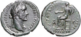 RÖMISCHES REICH, Antoninus Pius, 138-161, AE As TRP XIIII =150-151, Rom. Belorb. Büste r., IMP CAES T AEL HADR ANTONINVS AVG PIVS PP. Rs.Iustitia l. s...