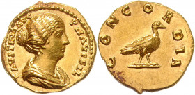 RÖMISCHES REICH, Faustina II., Gemahlin des Marcus Aurelius, +175, AV Aureus, Rom. Drap. Büste r., FAVSTINA AVG PII AVG FIL. Rs.Taube r., CONCORDIA. 7...