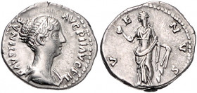 RÖMISCHES REICH, Faustina II., Gemahlin des Marcus Aurelius, +175, AR Denar (147-149), Rom. Drap. Büste r. Rs.Venus l. mit Apfel hält Ruder auf Taube....