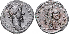 RÖMISCHES REICH, Lucius Verus, 161-169, AE Dupondius TRP VI IMP IIII =166, Rom. Büste mit Strahlenkrone r., L VERVS AVG ARM PARTH MAX. Rs.Fortuna v.vo...